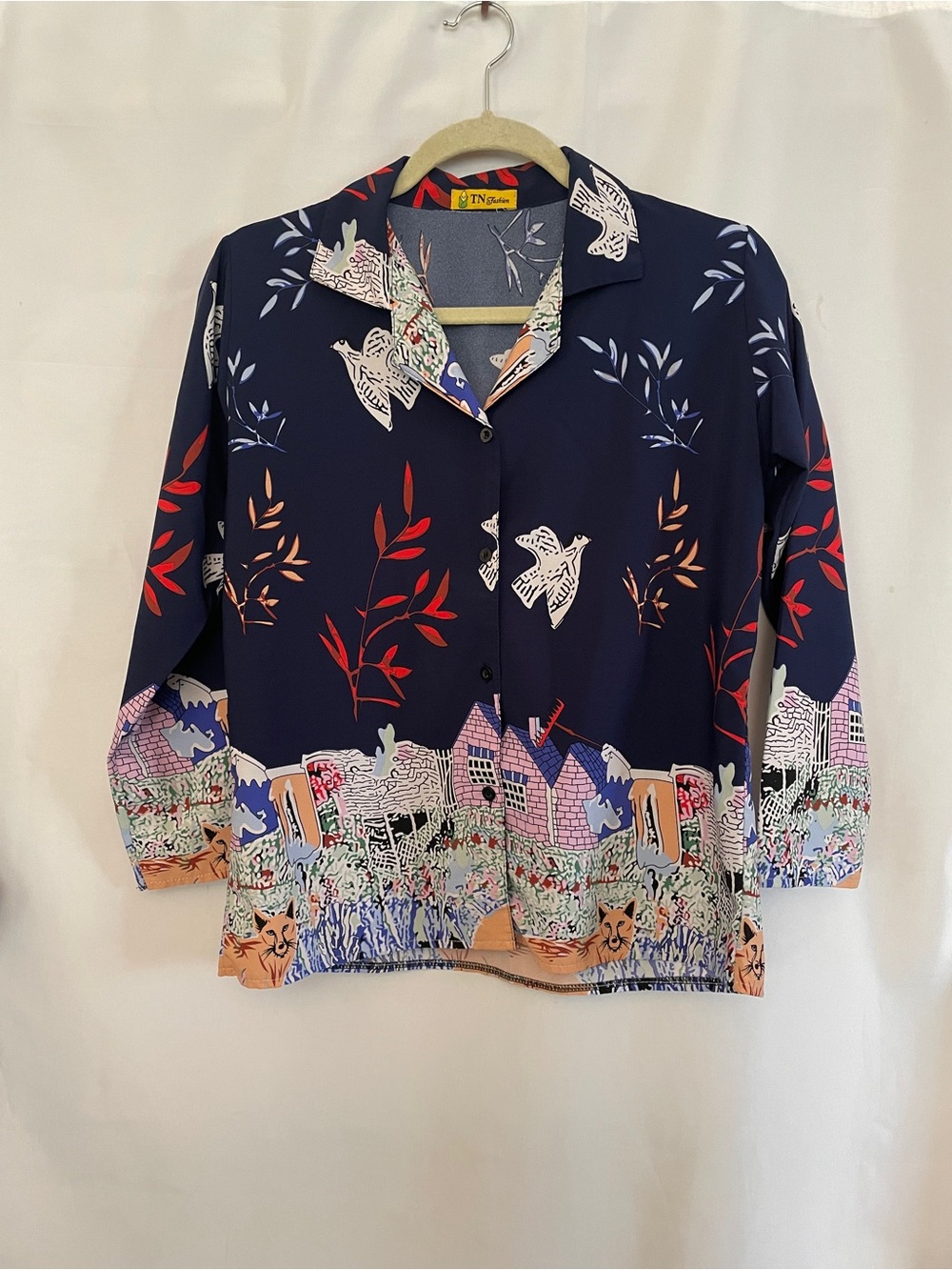 Birds & Houses Bold Art Print Vintage Style Retro Navy Scenic Button-Up Shirt